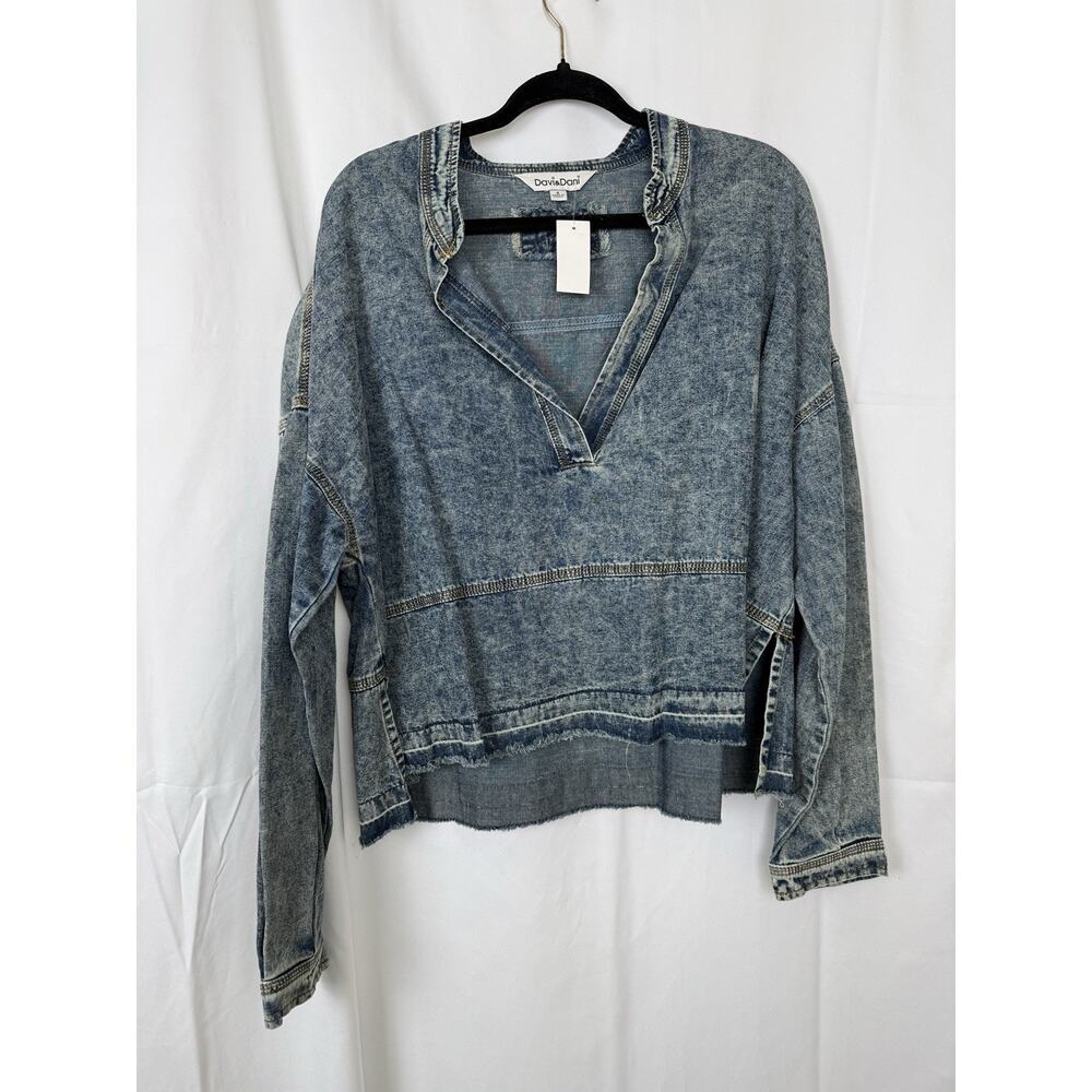 Davi & Dani Denim Pullover Top Size S Distressed Oversized Blue Boho Western